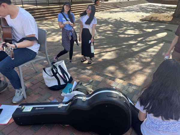 Outdoor gathering with a guitar and singing together